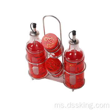 Kitchen Minyak Pot Botol Ditetapkan Dengan Rak Merah Marmar Gelas Diretam Pot 400ml Pot Minyak 150ml Botol Perasa